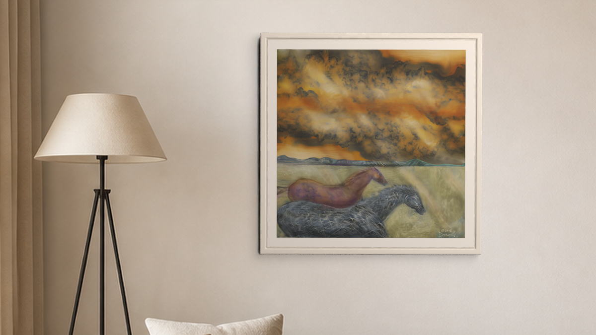 In-room view of Copper Gallop 2016, 20 × 20 inch print — Deeling Metric Scene v3