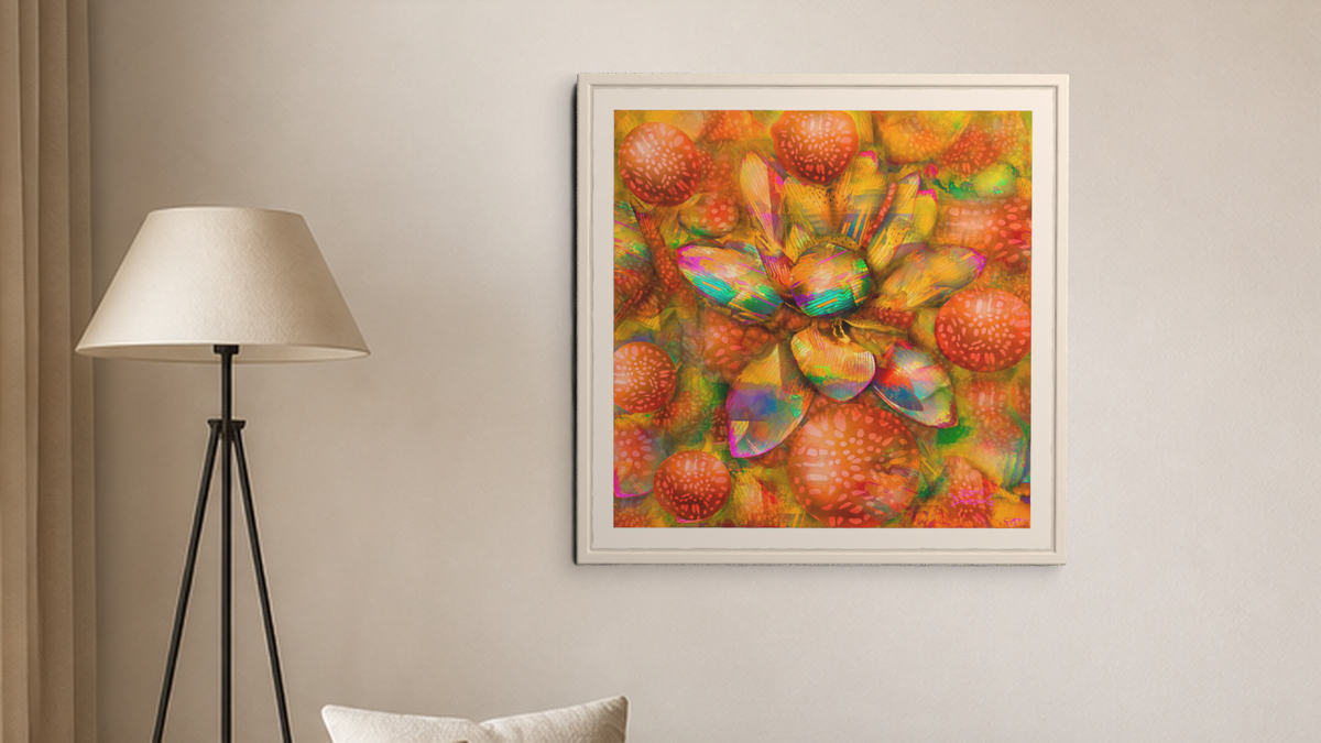 In-room view of Lotus Tangerine 2016, 20 × 20 inch print — Deeling Metric Scene v3