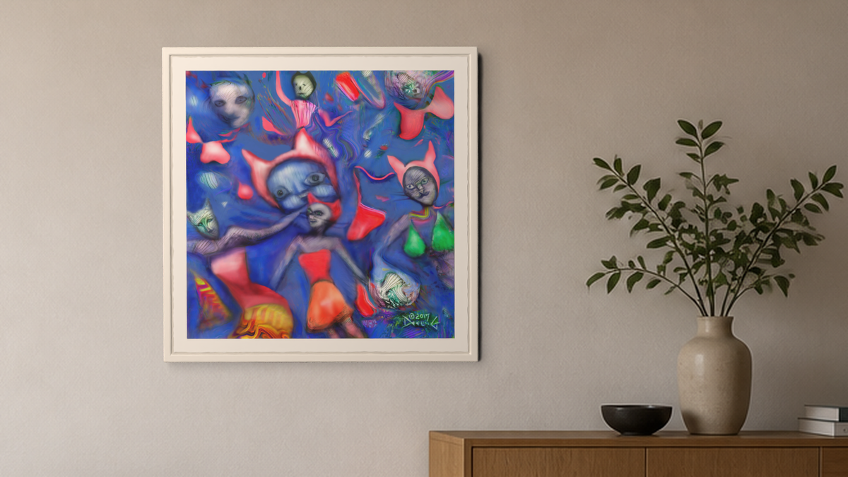 In-room view of Meow 5.2 2017, 20 × 20 inch print — Deeling Metric Scene v3