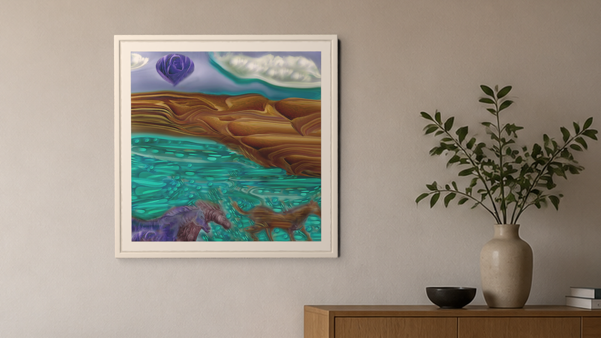 In-room view of Purple Sea Rose, Horses 2017, 20 × 20 inch print — Deeling Metric Scene v3
