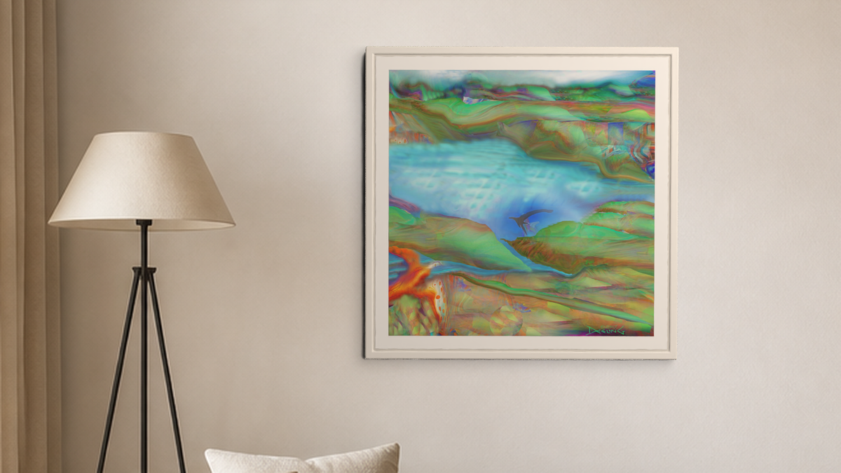 In-room view of River Foray, Gliding Birds 2017, 20 × 20 inch print — Deeling Metric Scene v3