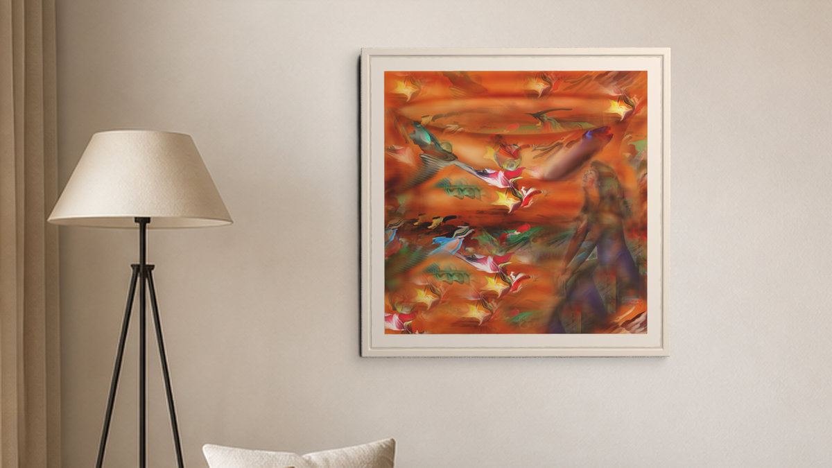In-room view of Tinting Tangerine 2016, 20 × 20 inch print — Deeling Metric Scene v3