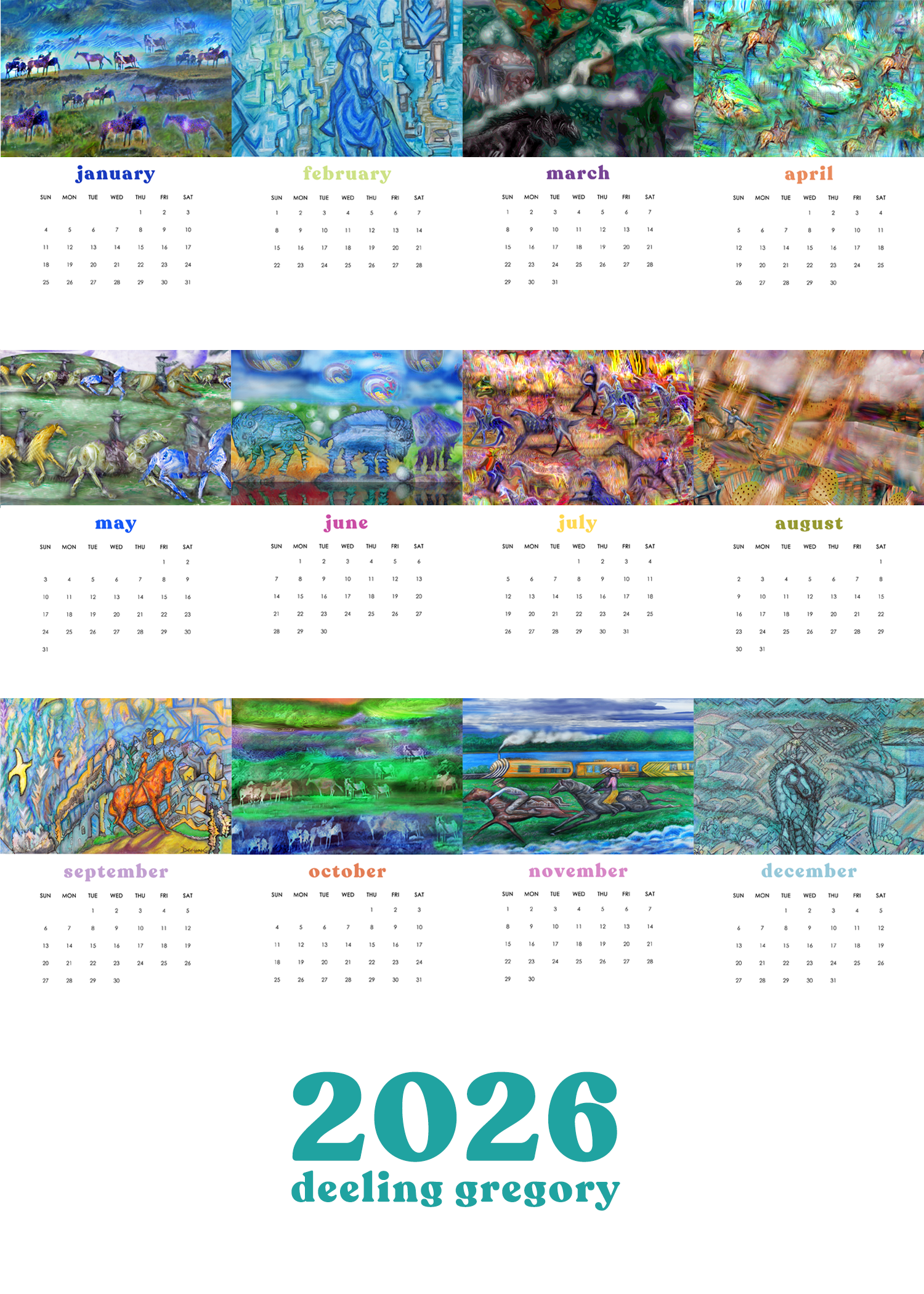 2026 12-Month Art Print Calendar by Deeling
