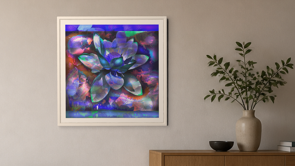 In-room view of Blue Lotus 2016, 20 × 20 inch print — Deeling Metric Scene v3