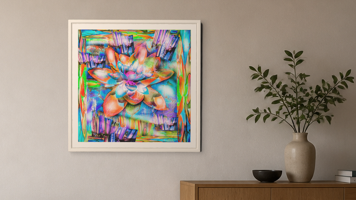 In-room view of Lotus Lingers 2017, 20 × 20 inch print — Deeling Metric Scene v3