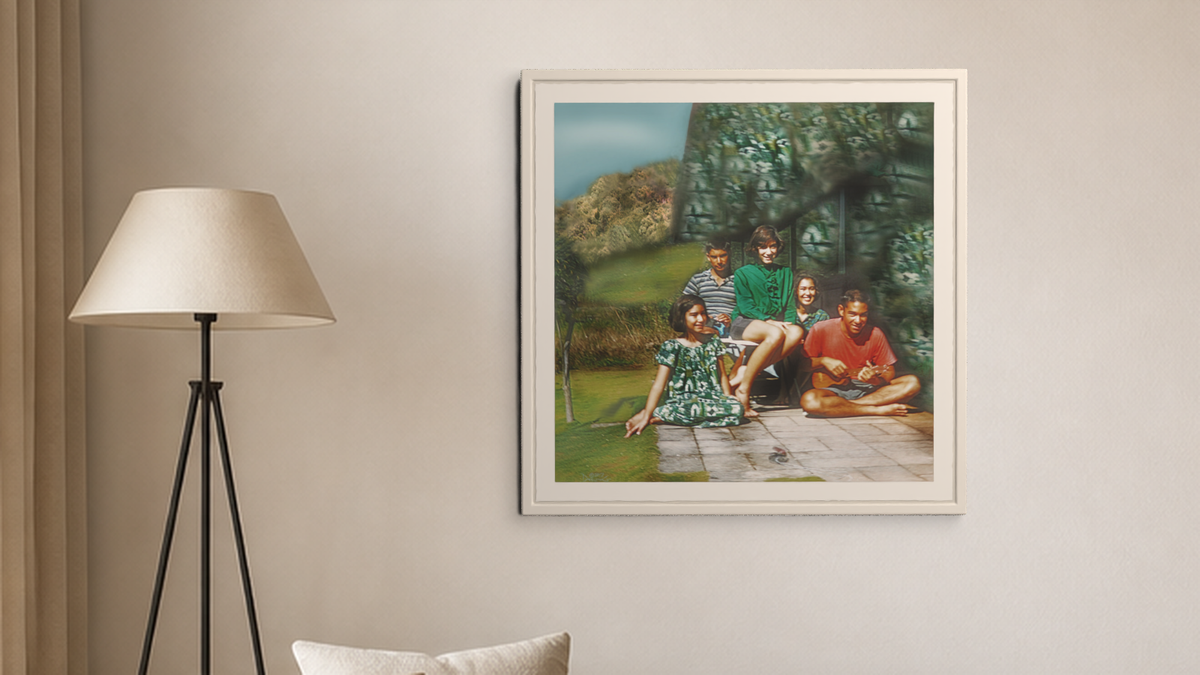 In-room view of Manoa Memories 5.8 2017 Ukelele Tapestry, 20 × 20 inch print — Deeling Metric Scene v3