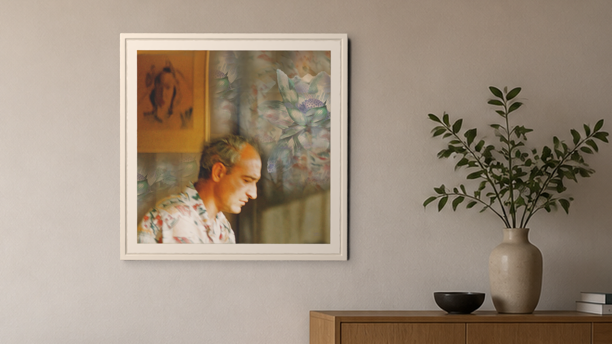 In-room view of Manoa Memories 6.4 2017 The Thinker with Rose and Lotus, 20 × 20 inch print — Deeling Metric Scene v3