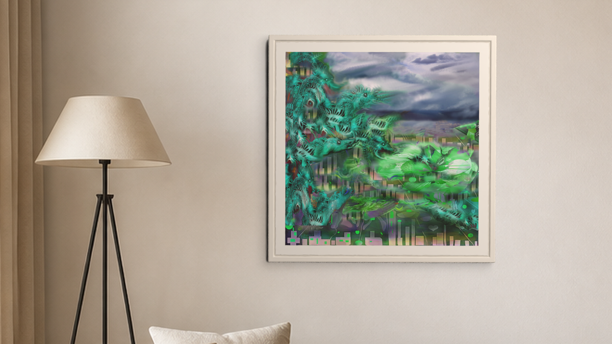 In-room view of Moonshine Mayhem 2017, 20 × 20 inch print — Deeling Metric Scene v3