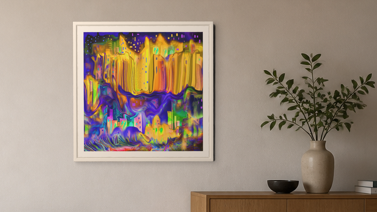 In-room view of Night Lights 2017, 20 × 20 inch print — Deeling Metric Scene v3