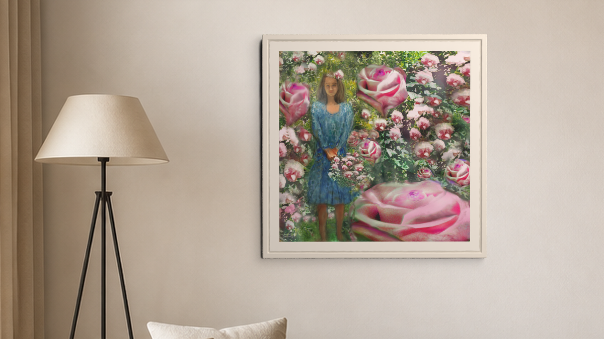 In-room view of Pink Roses 2017, 20 × 20 inch print — Deeling Metric Scene v3