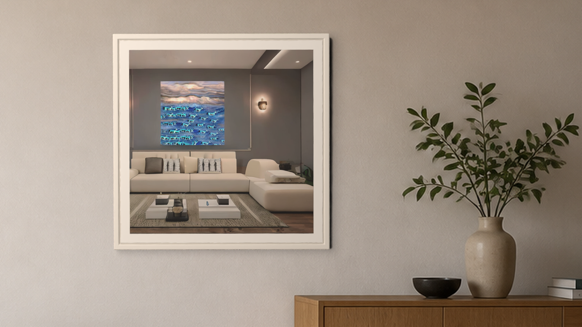 In-room view of Purple Plains 2016, 20 × 20 inch print — Deeling Metric Scene v3