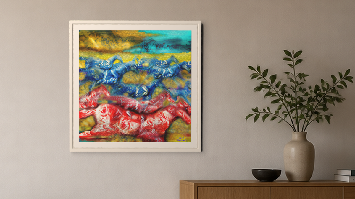 In-room view of Red Yellow Blue 2017, 20 × 20 inch print — Deeling Metric Scene v3