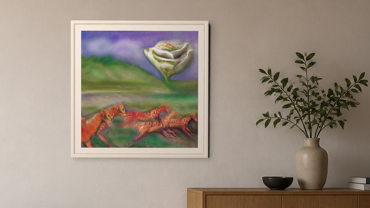 In-room view of Rose with Horses 2017, 20 × 20 inch print — Deeling Metric Scene v3