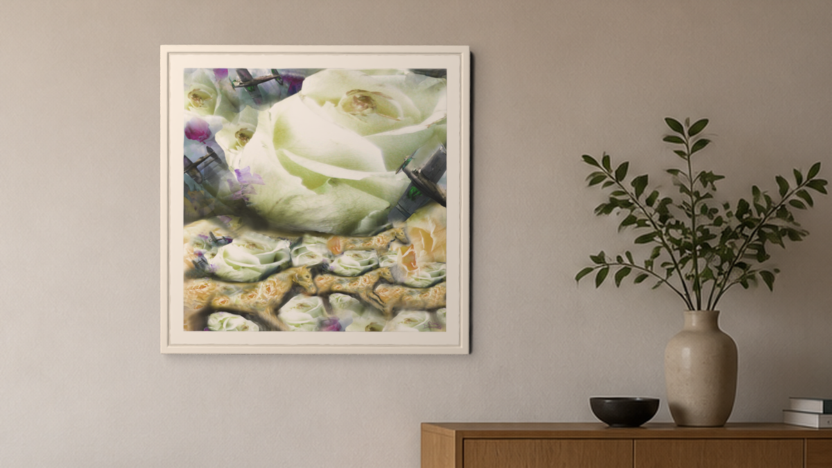 In-room view of Running with Roses 2016, 20 × 20 inch print — Deeling Metric Scene v3