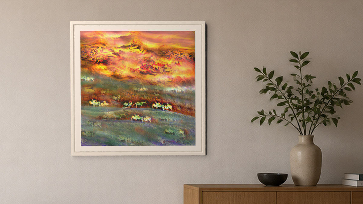 In-room view of Sunset on Horse Hill 2016, 20 × 20 inch print — Deeling Metric Scene v3